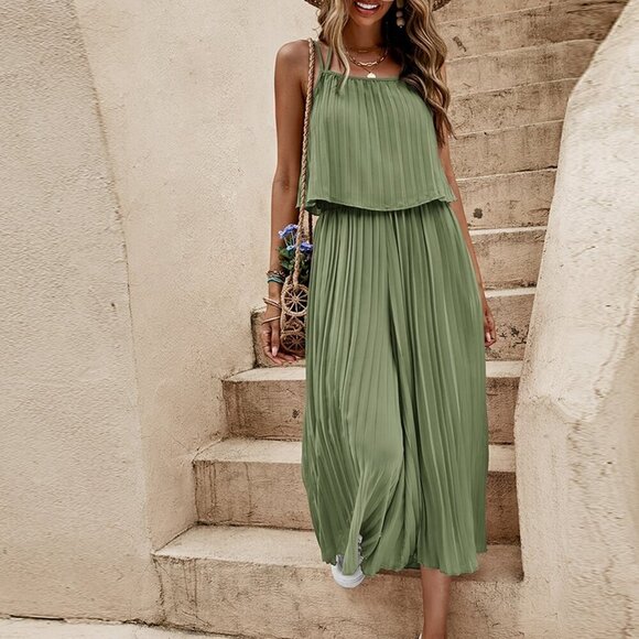 Tops - Lime Green Casual Women's Floral Pleated French Romantic Vacation Pants Set